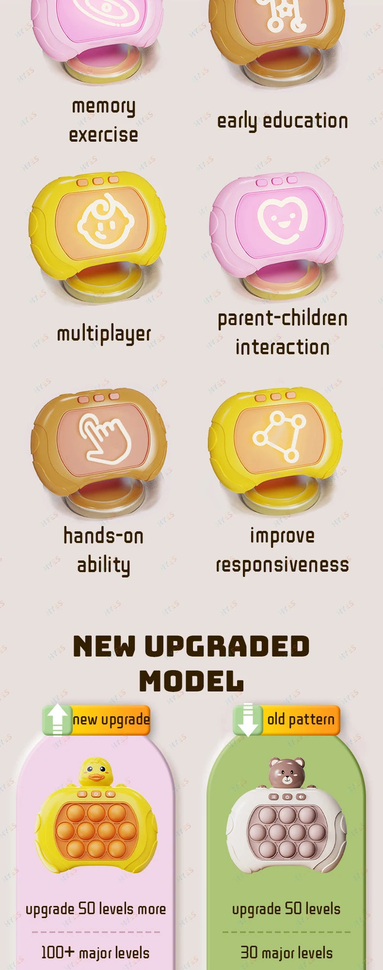 A collection of Pop It fidget toys showing various features like memory exercise, multiplayer interaction, and hands-on abili