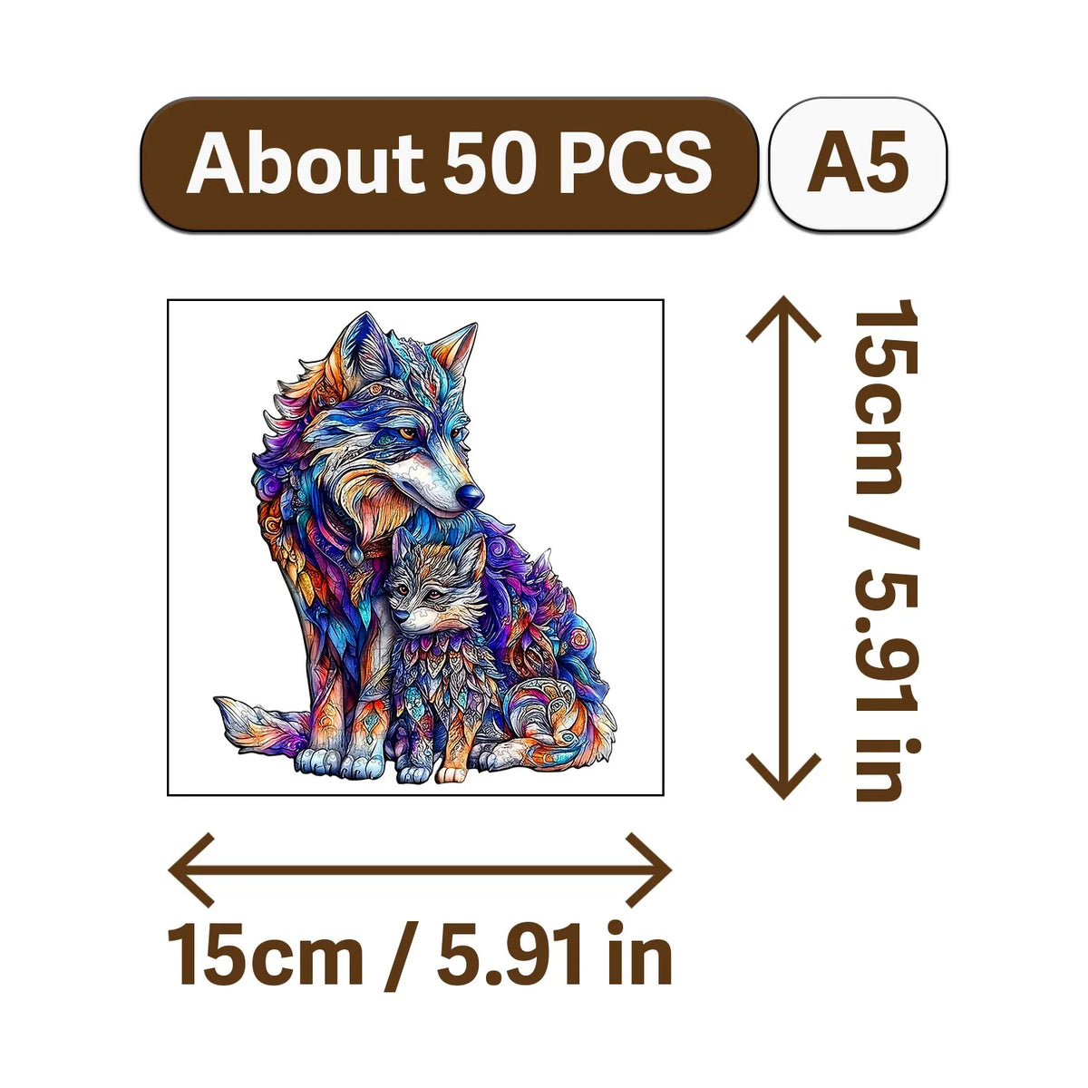 A wooden jigsaw puzzle featuring a fox and a kitten, approximately 15cm by 15cm.
