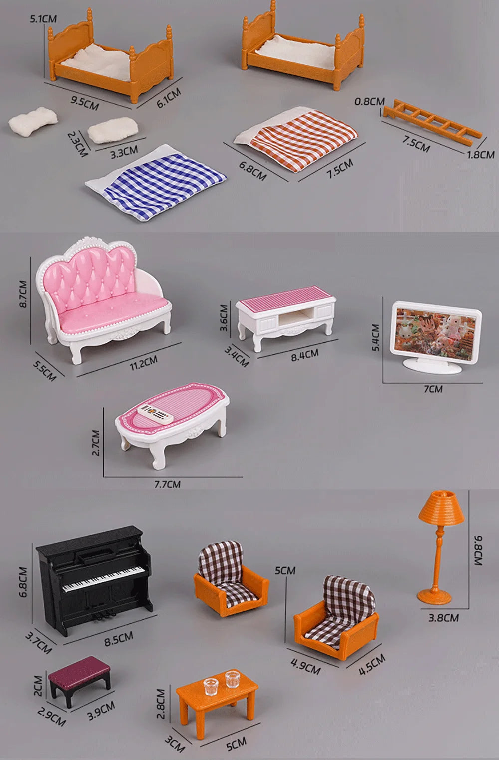 A collection of 1:12 scale dollhouse furniture including a bed, sofa, chair, piano, and various decorative items.