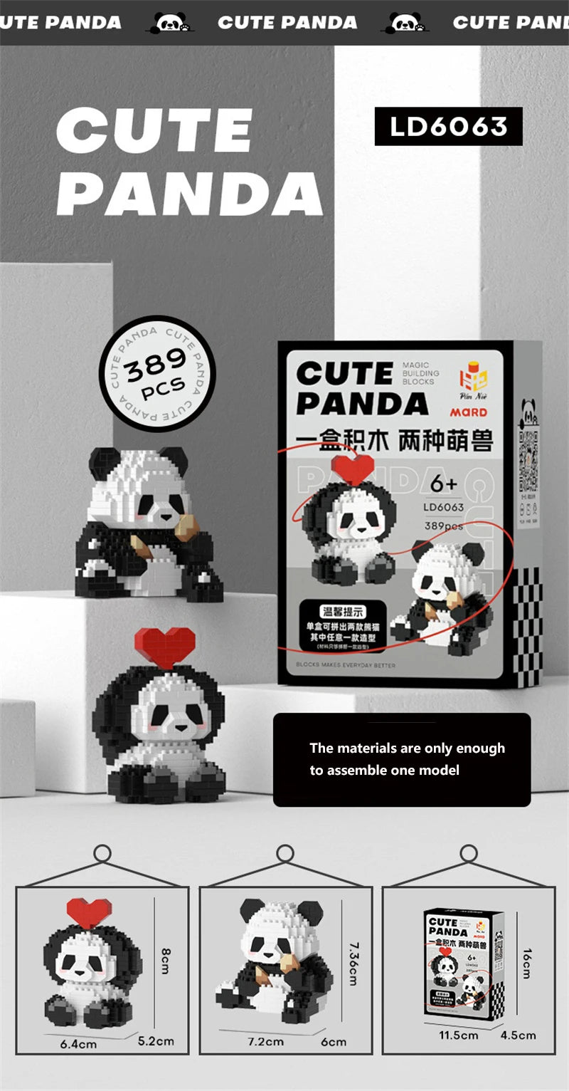 A set of cute panda building blocks showing assembled models and individual pieces.