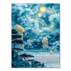 A painting depicting a dramatic night sky with swirling clouds, bright yellow stars, and a seascape.