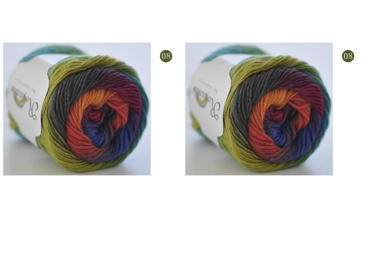 A ball of hand-dyed rainbow merino wool yarn showing various color transitions.