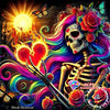 A vibrant diamond painting featuring a skull with roses and colorful hair surrounded by bright light and floral elements.