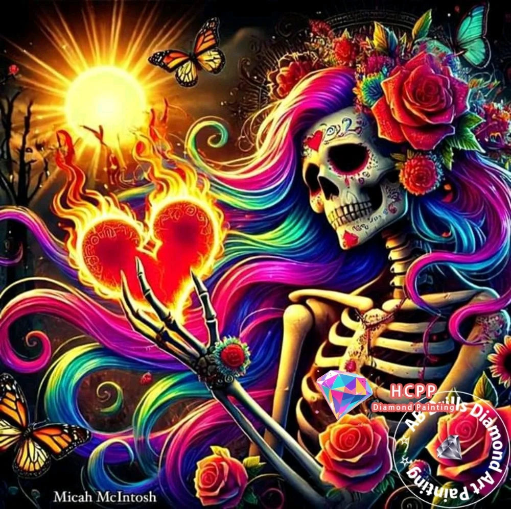 A vibrant diamond painting featuring a skull with roses and colorful hair surrounded by bright light and floral elements.