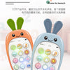 An orange baby phone toy with bunny ears displaying various colored buttons and a screen, next to a blue version.