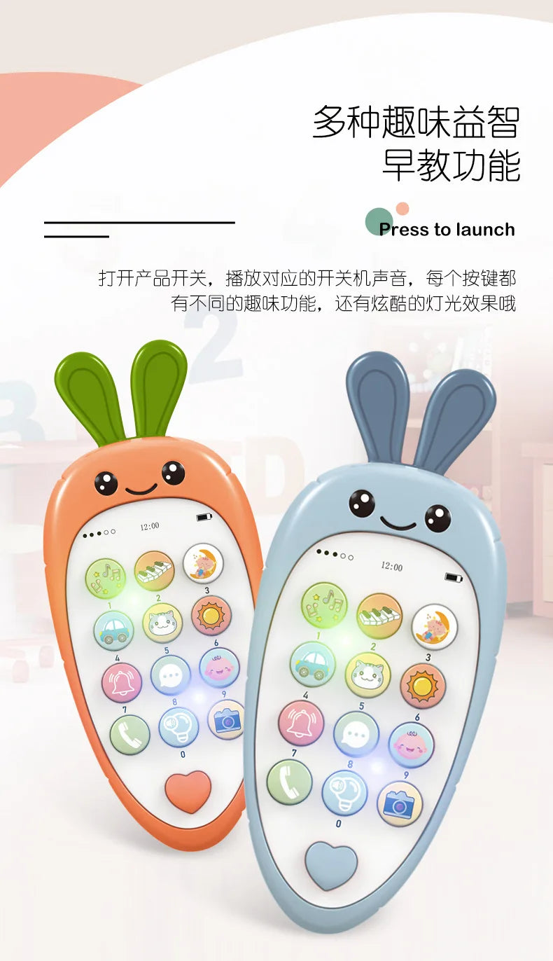 An orange baby phone toy with bunny ears displaying various colored buttons and a screen, next to a blue version.