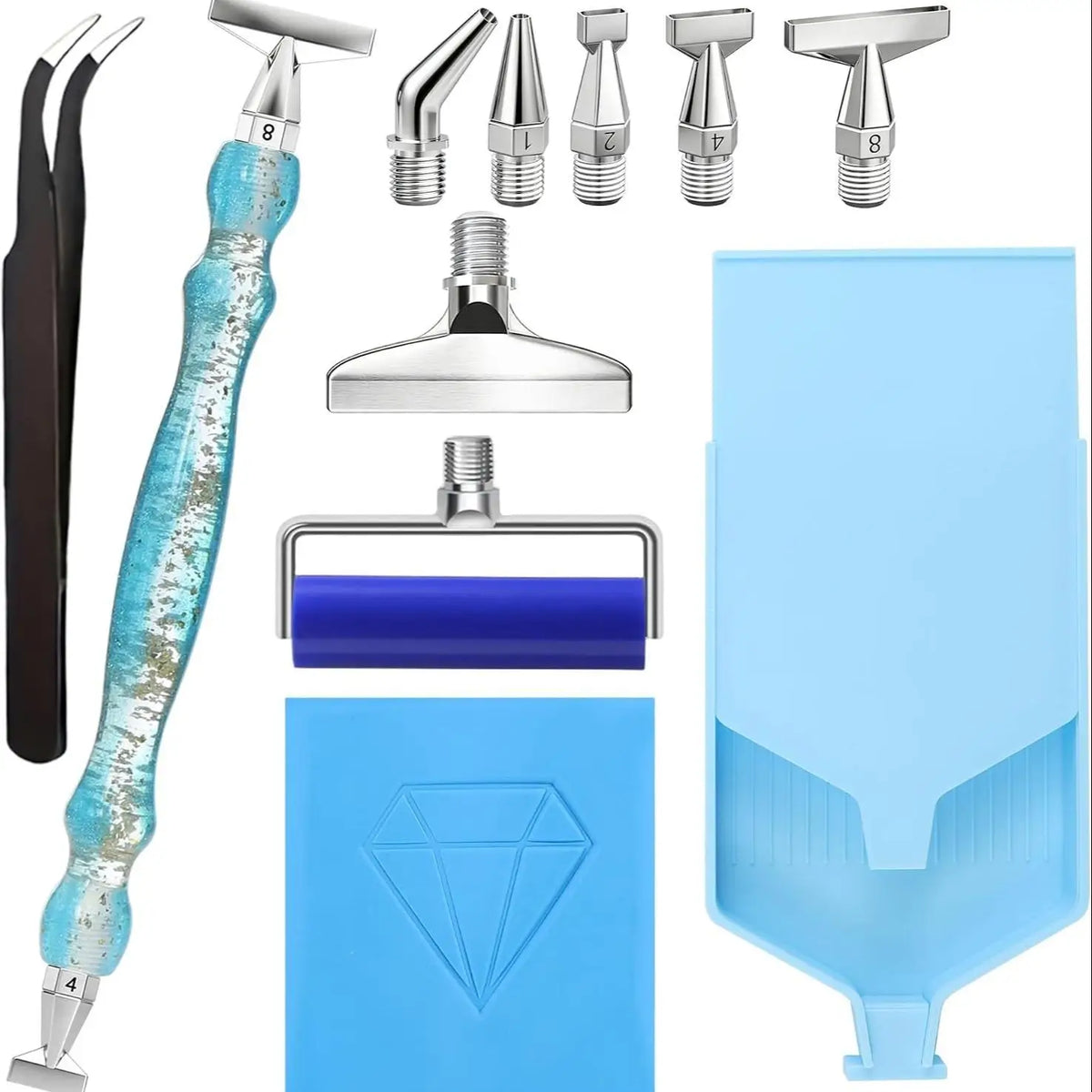 A complete diamond painting tool kit showing precision pens, various tools, and a blue plastic frame.