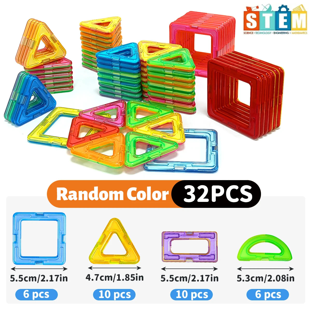 A set of 32 random color magnetic building blocks in various shapes and angles for STEM learning.