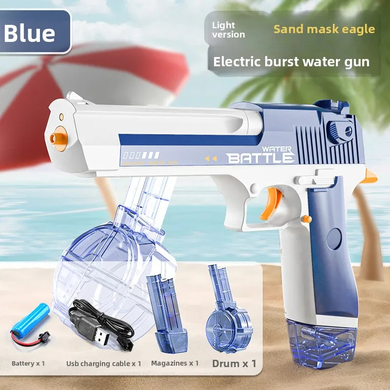A white and blue electric burst water gun is shown with accessories like a battery, charging cable, magazines, and a drum.