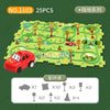 A jigsaw puzzle depicting a green landscape with various elements, including a red electric train car and small figures.