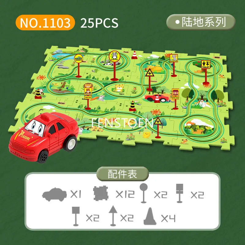 A jigsaw puzzle depicting a green landscape with various elements, including a red electric train car and small figures.