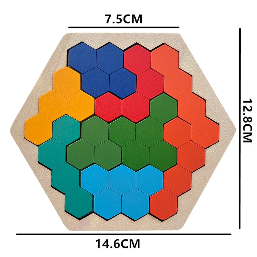 A wooden tangram puzzle set featuring colorful hexagonal pieces arranged in a geometric pattern.