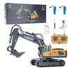 A yellow remote control excavator toy with a hydraulic arm and tracks is shown alongside its box and accessories.