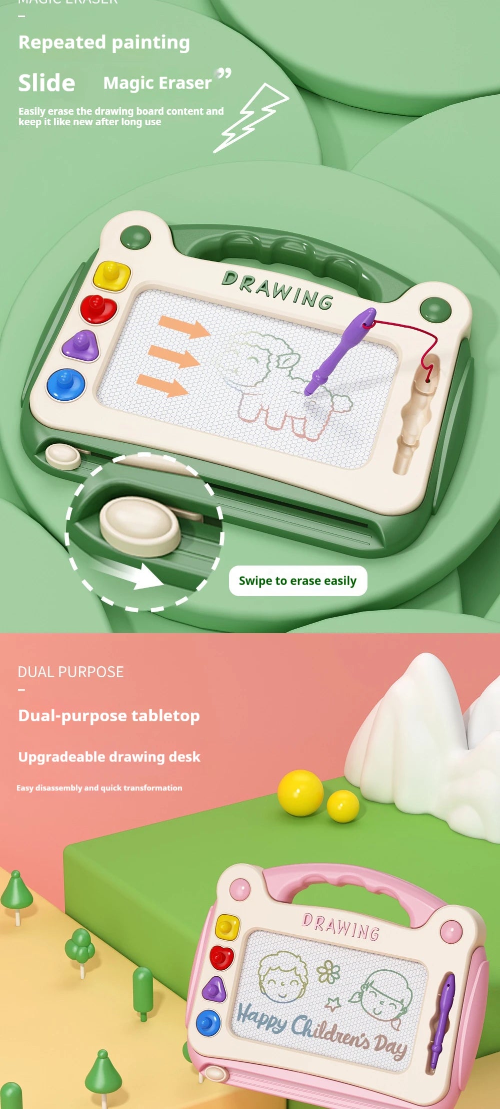 A pink magnetic drawing board for kids with a clear grid and purple and blue erasers, shown next to a green surface.