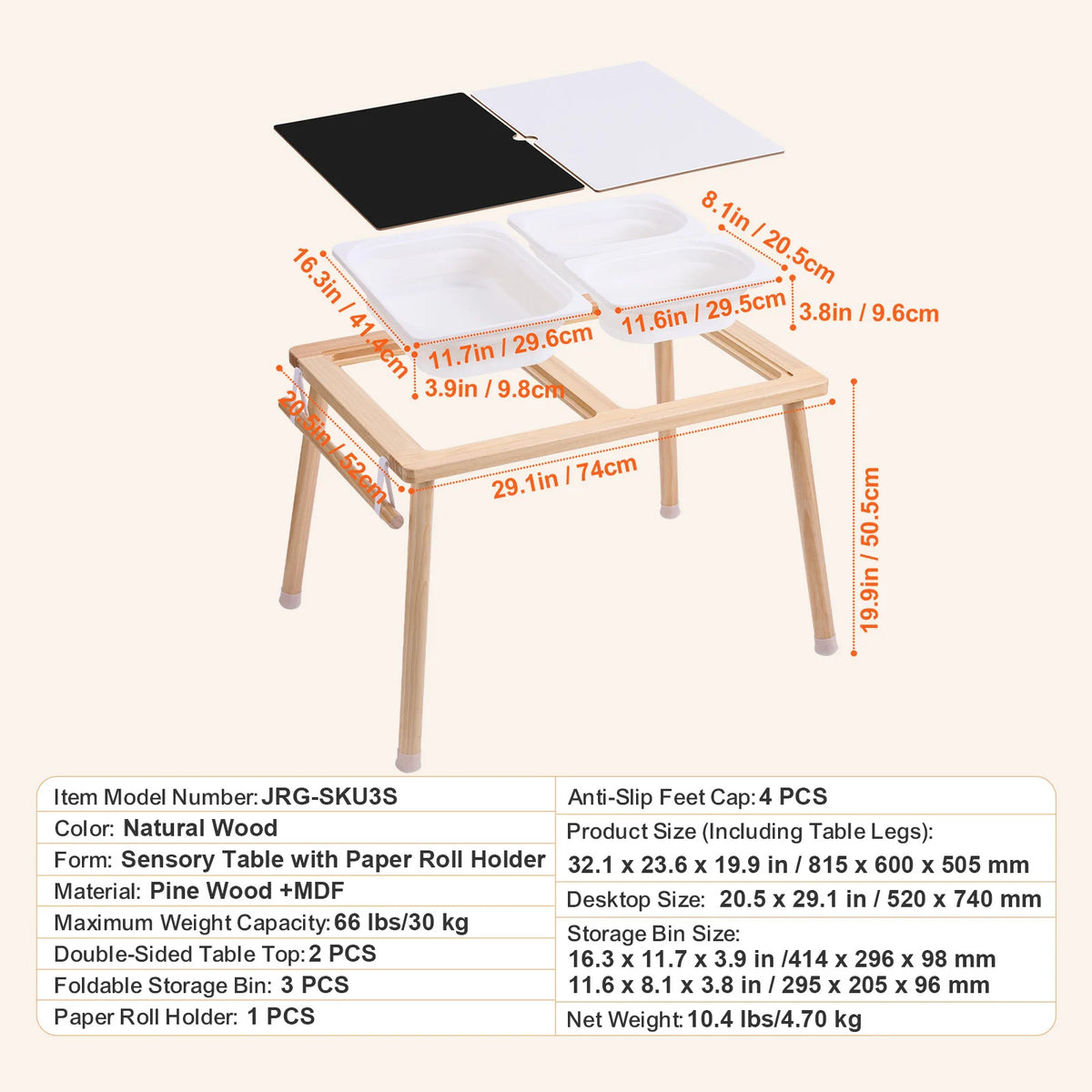 Wooden sensory table for kids with a double-sided top and foldable bins made of natural wood