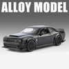 A black diecast model of a Dodge Challenger SRT Hellcat car.