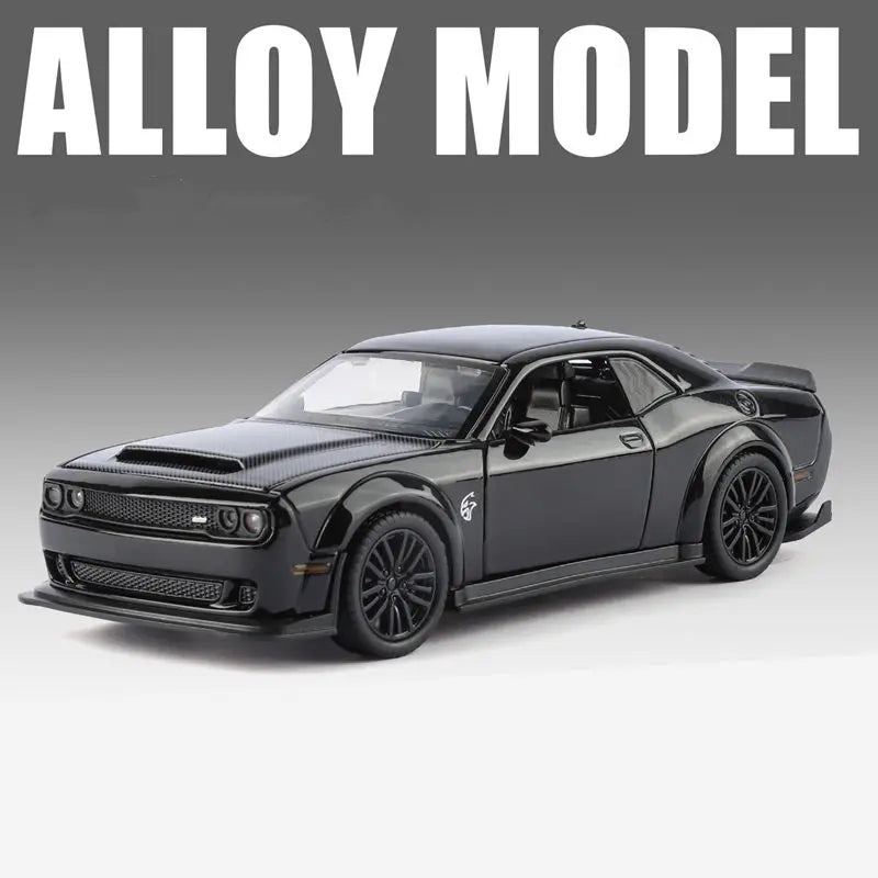 A black diecast model of a Dodge Challenger SRT Hellcat car.