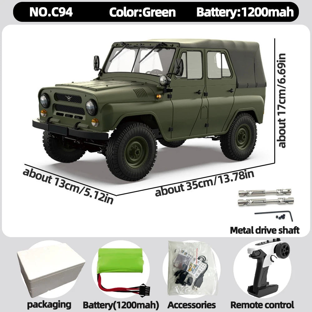 A green WPL 1/12 scale 4WD off-road RC rock crawler truck with accessories and battery shown in packaging.