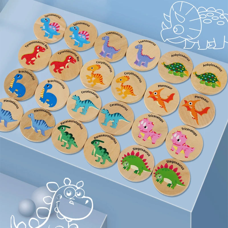 A collection of wooden dinosaur puzzle pieces for a memory matching game, showing various dinosaur species.
