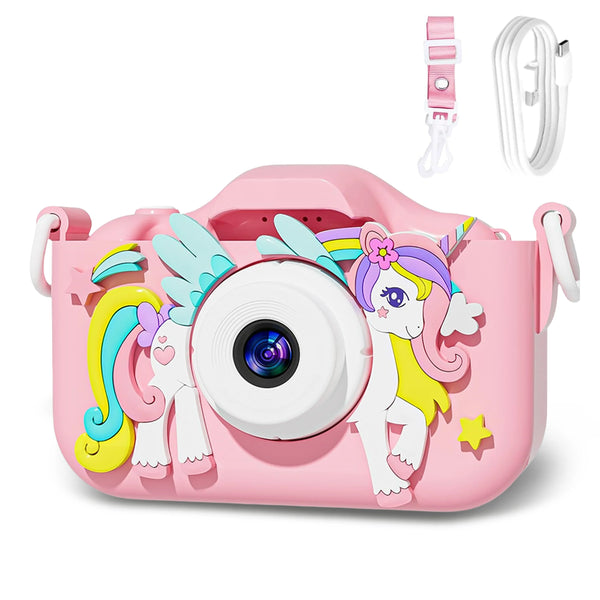 A pink digital camera featuring a unicorn design and a strap, with accessories shown separately.