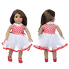 A doll wearing a white and red striped outfit set with a white skirt and tights.