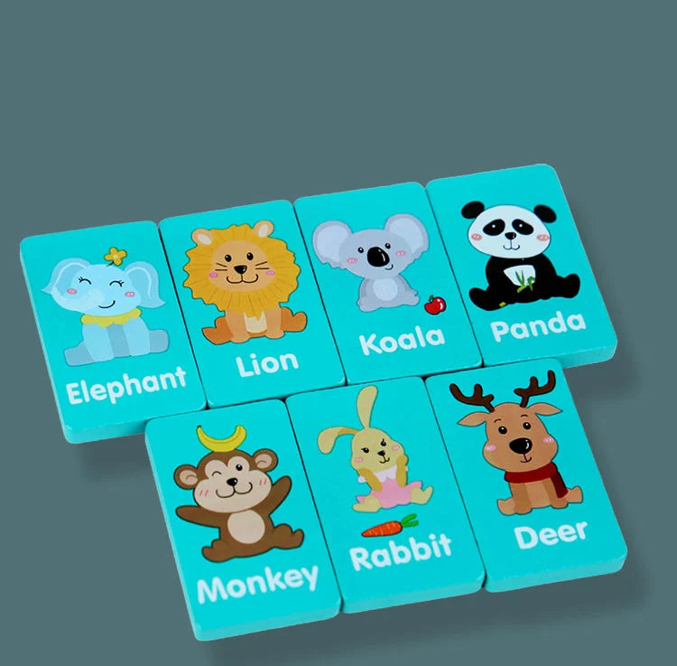 A set of wooden farm and fruit matching puzzle game tiles featuring animals like elephant, lion, koala, panda, monkey, rabbit