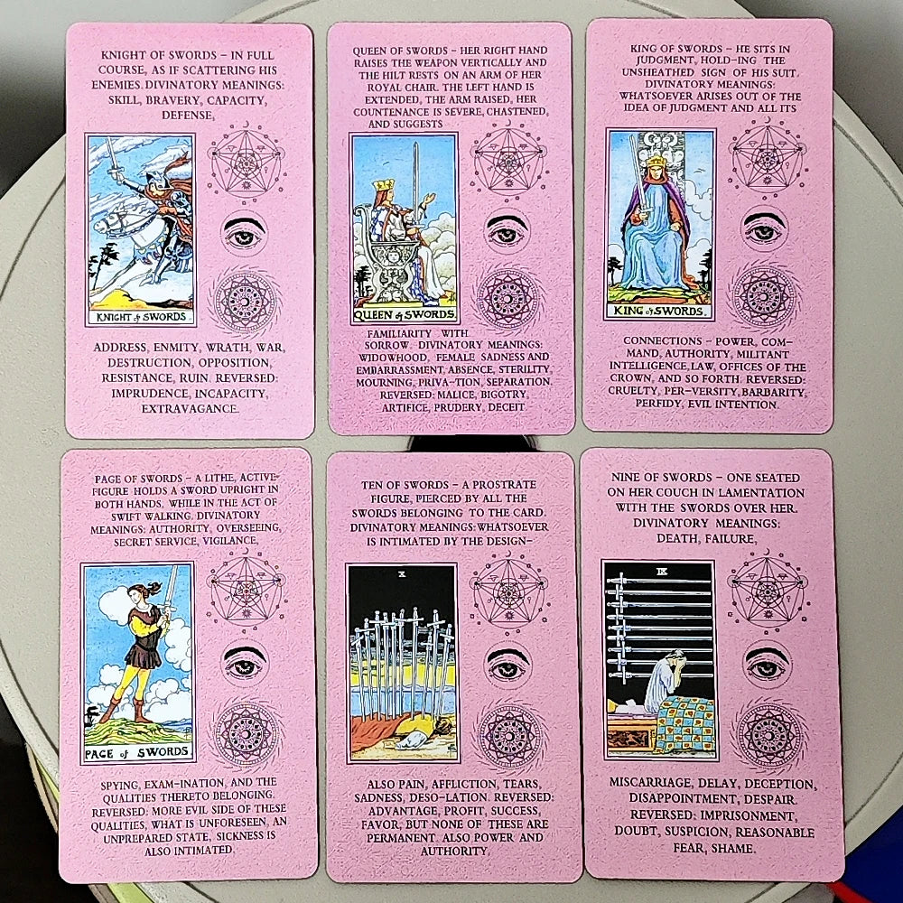 A collection of pink Rider Waite Tarot cards featuring various cards like Knight of Swords, Queen of Swords, and King of Swor