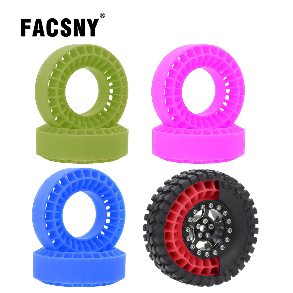 Three silicone rubber tire inserts in green, pink, and blue, along with a black and red tire insert.