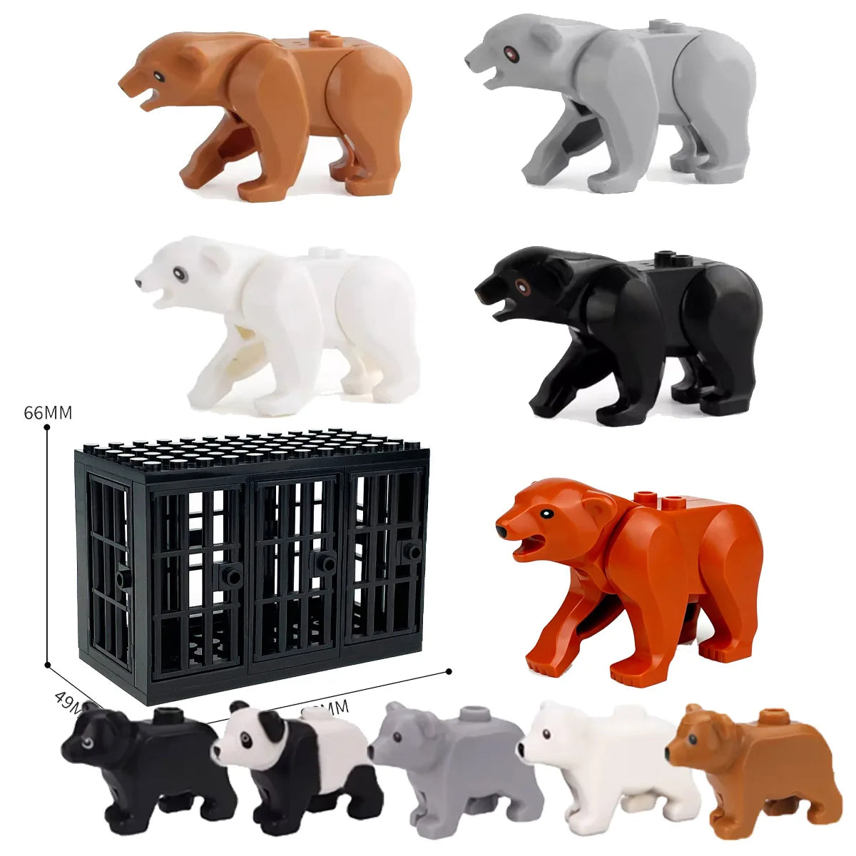 A set of eight African wildlife animal building blocks in various colors including orange, gray, black, white, and brown.
