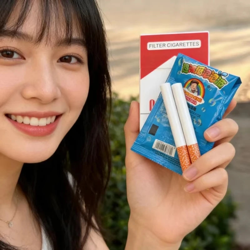 A hand holds a blue box of novelty bubble machine toy cigarettes with pipes and a red filter box.