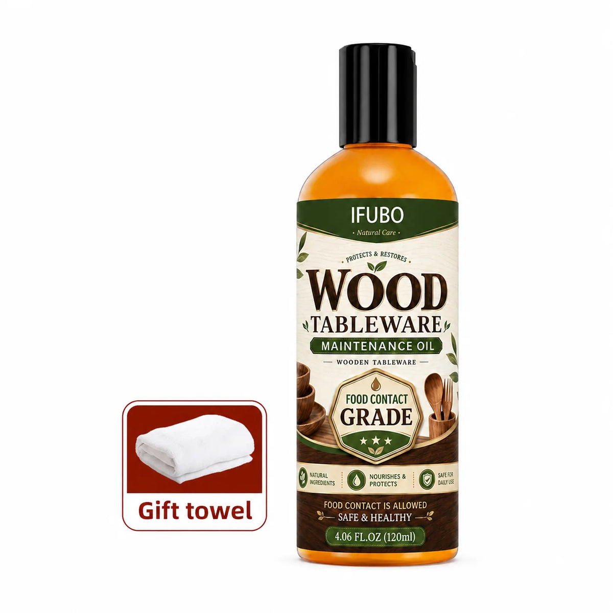 A dark amber bottle of IFUBO Wood Tableware Maintenance Oil with a black cap and a gift towel.