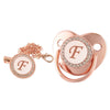 Rose gold bling baby pacifier clip featuring a silicone holder and a decorative letter F