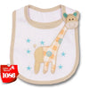 A beige and white cartoon giraffe baby feeding bib with a waterproof backing for infants and toddlers.
