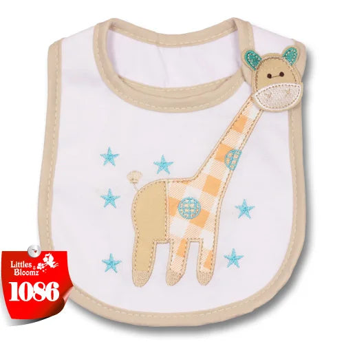A beige and white cartoon giraffe baby feeding bib with a waterproof backing for infants and toddlers.