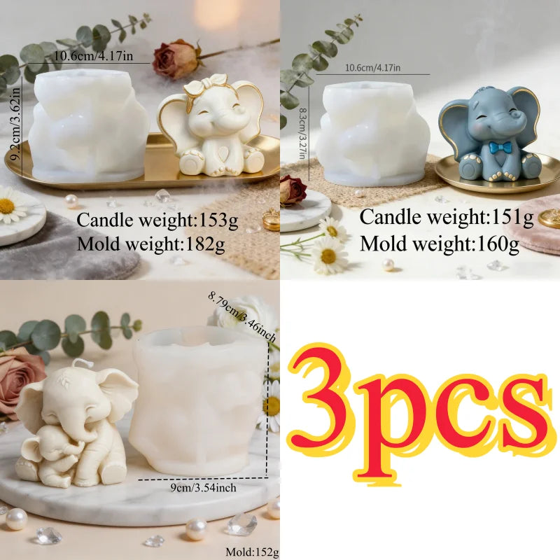 Three white elephant silicone molds used for making candles, soap, and resin crafts.