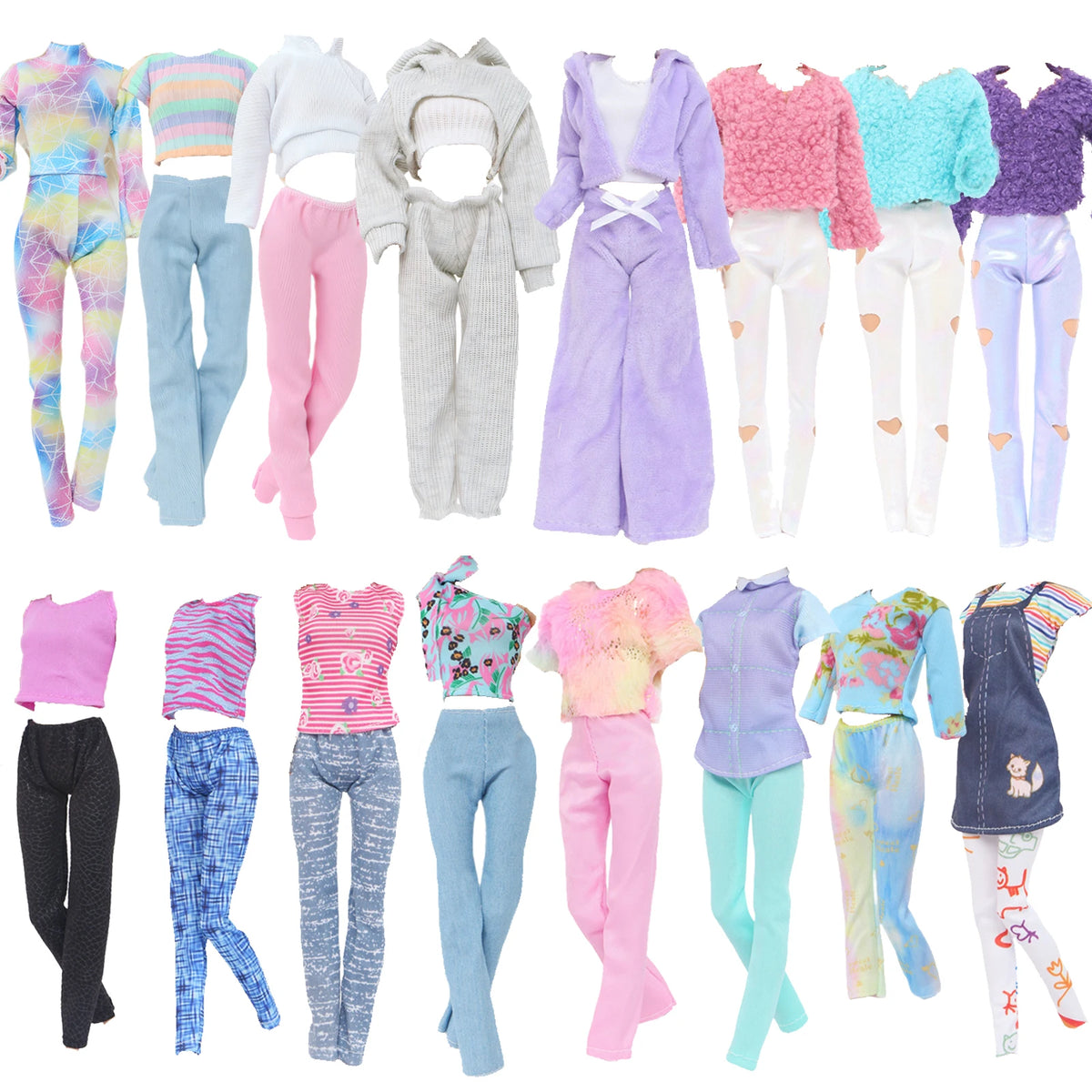 A collection of various fashion doll outfits featuring tops and pants in pastel and bright colors.