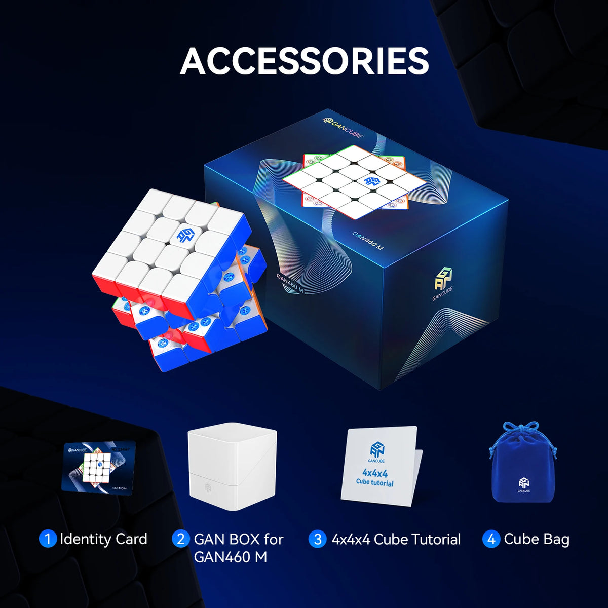 Accessories for the GAN 460 M cube including an identity card, a box, a tutorial, and a cube bag.