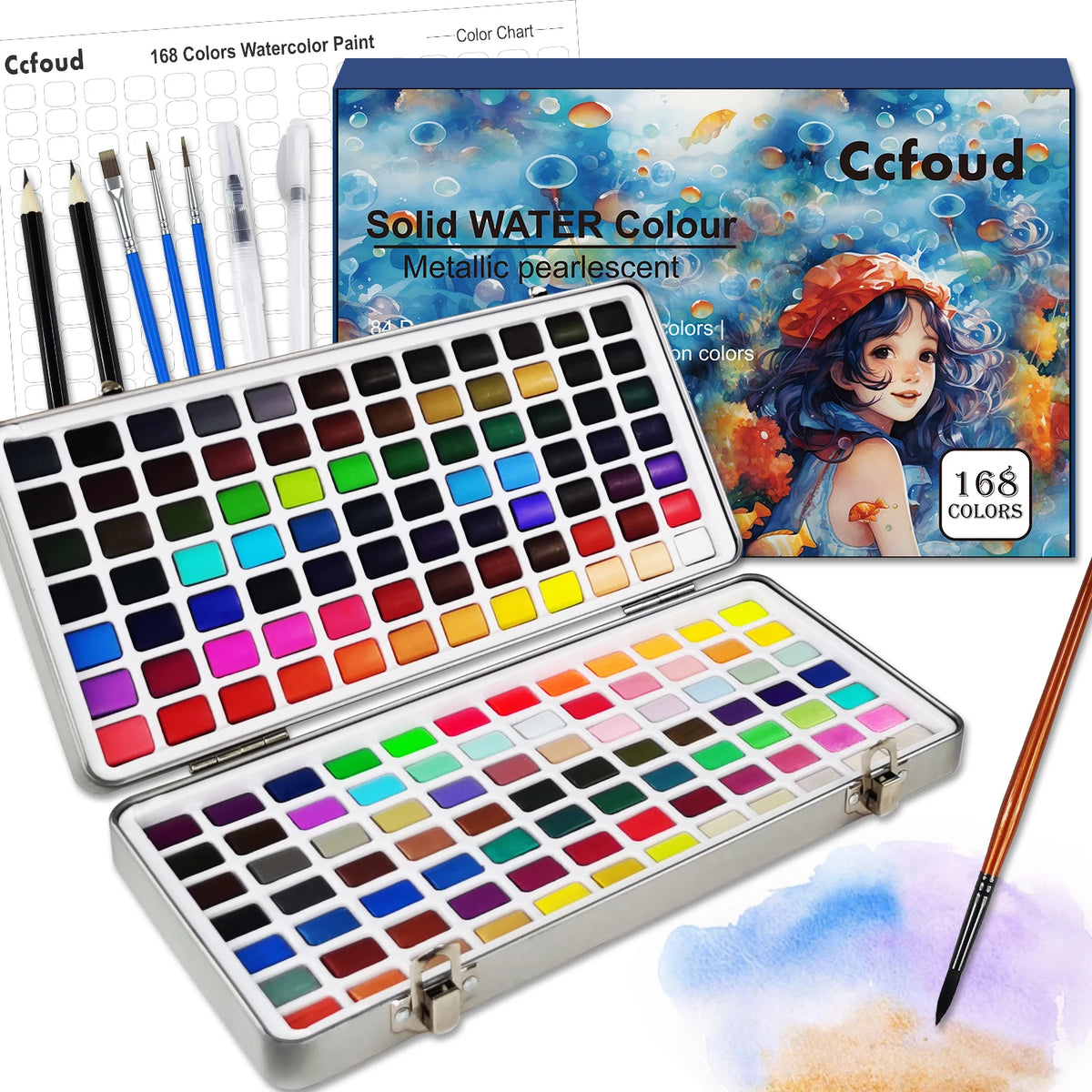 A watercolor paint set featuring a palette of 168 solid water colors, brushes, and pencils.
