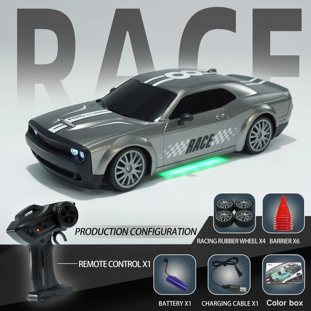 A gray high-speed 4WD drift RC race car with various accessories like a remote control, battery, and charging cable.