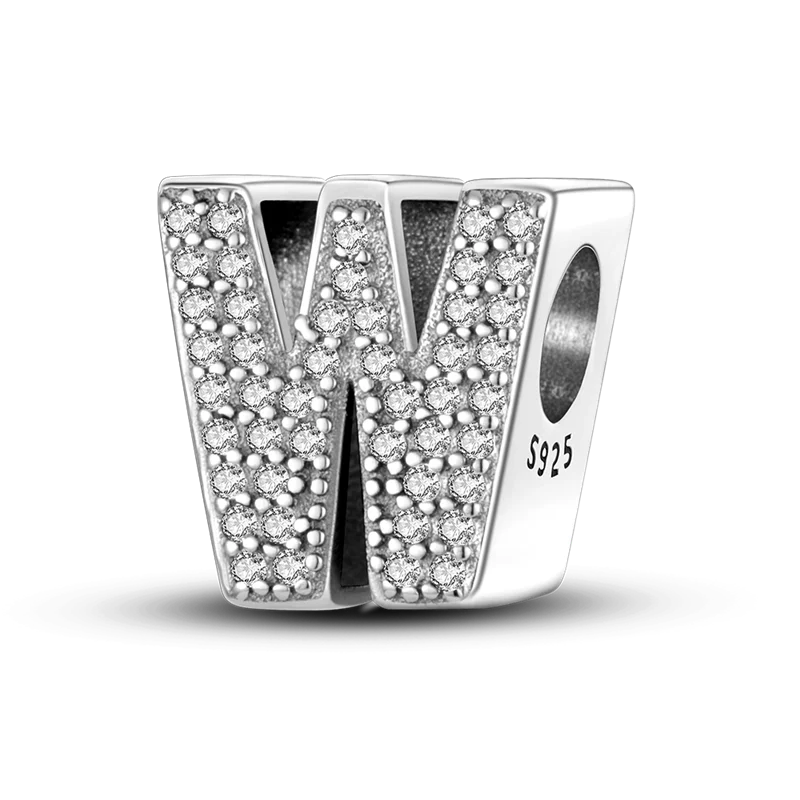 A sterling silver alphabet charm featuring the letter W encrusted with cubic zirconia stones.