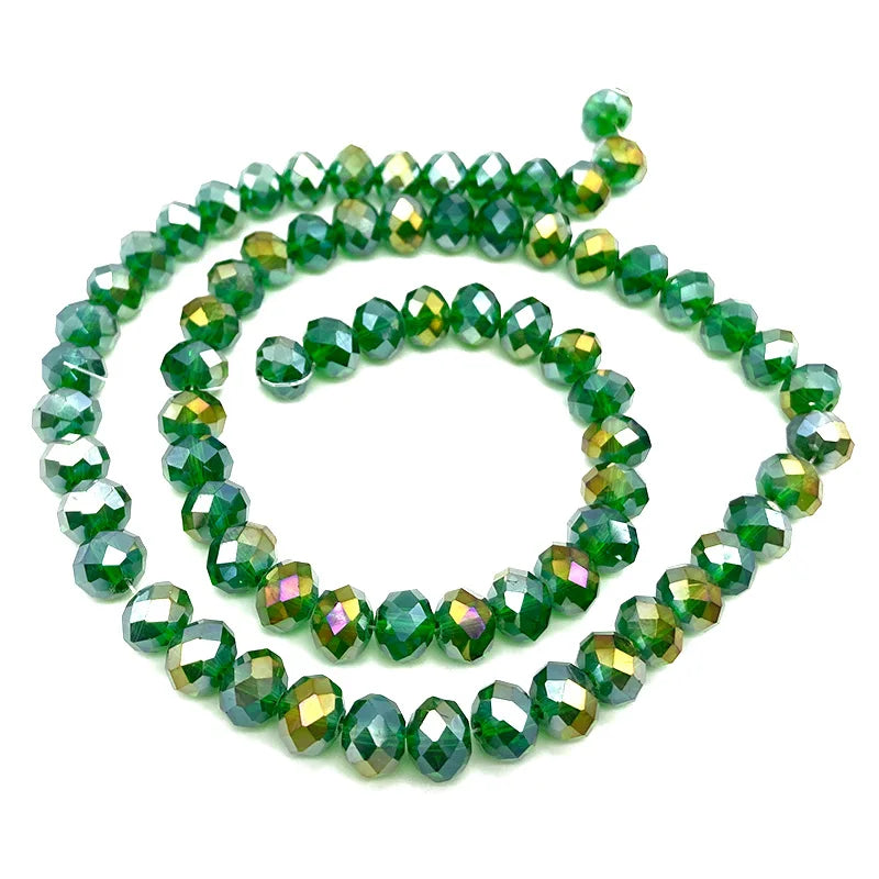 A strand of green Austrian faceted crystal beads used for jewelry making