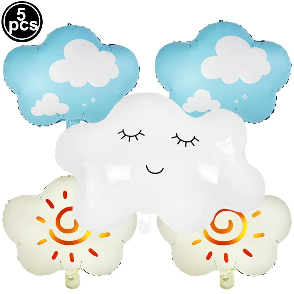 Five light blue and white cloud-shaped foil balloons for birthday party decor