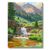 A vibrant landscape painting featuring a rushing stream, mossy rocks, evergreen trees, and mountains under a bright sky.