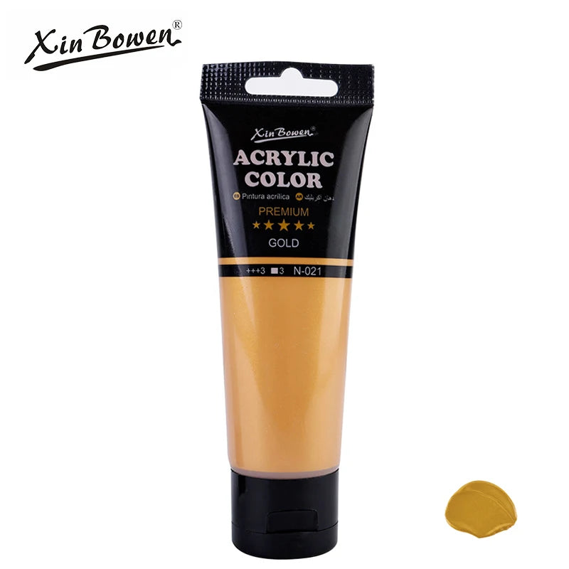 A tube of Xin Bowen Acrylic Color paint in gold for art projects