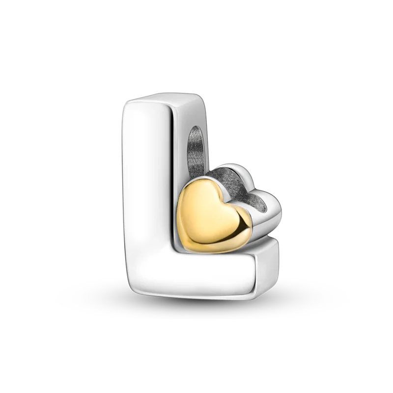A sterling silver alphabet charm shaped like the letter L with a heart charm.