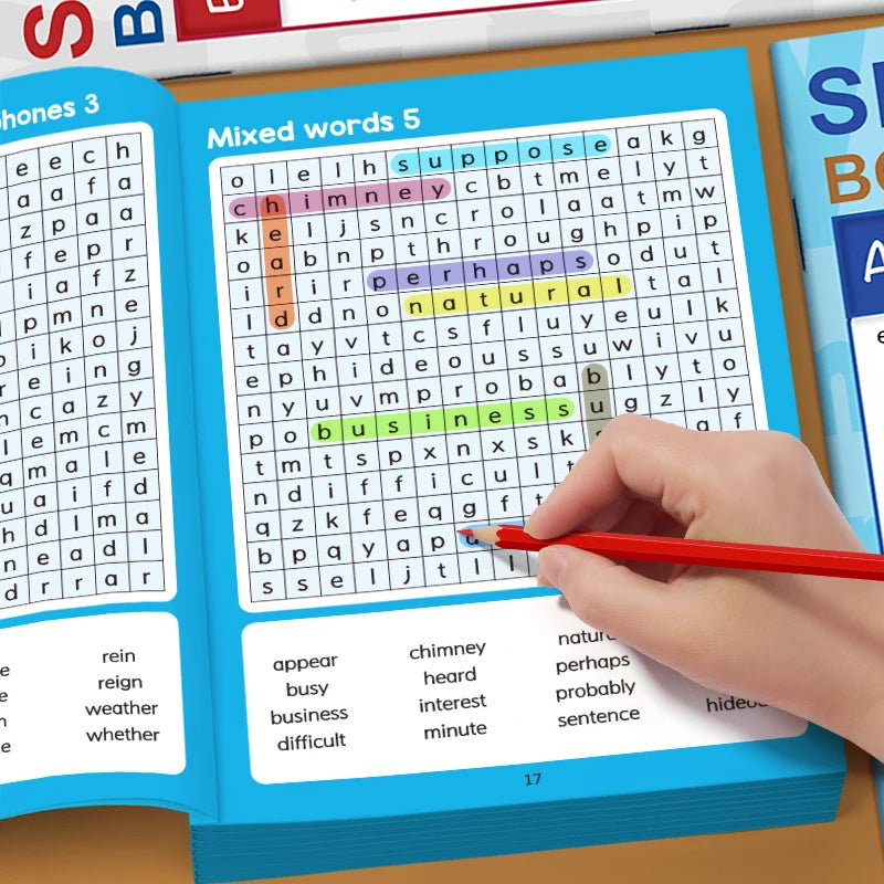 A hand is using a red pencil to mark letters in a mixed words puzzle on a large print word search book.