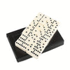 A set of 28 white domino tiles in red and black are displayed in a black box.