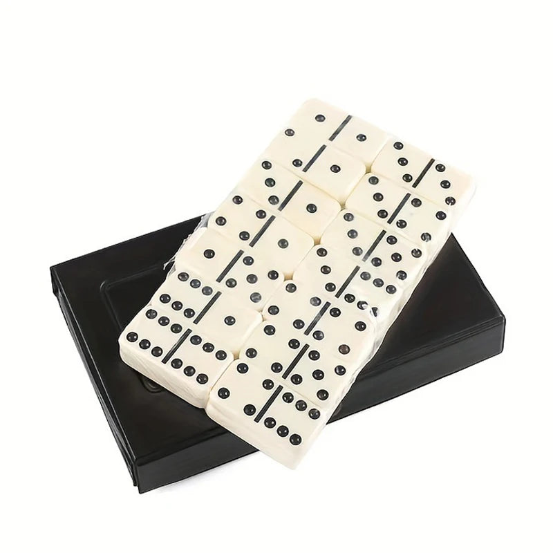 A set of 28 white domino tiles in red and black are displayed in a black box.