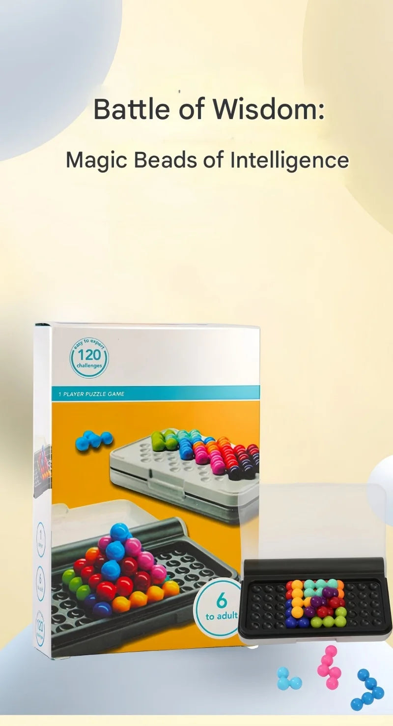 Box of Magic Beads of Intelligence puzzle game showing various colored beads and a puzzle board.