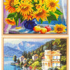 A colorful diamond art painting featuring a vibrant bouquet of yellow sunflowers against a blue background.